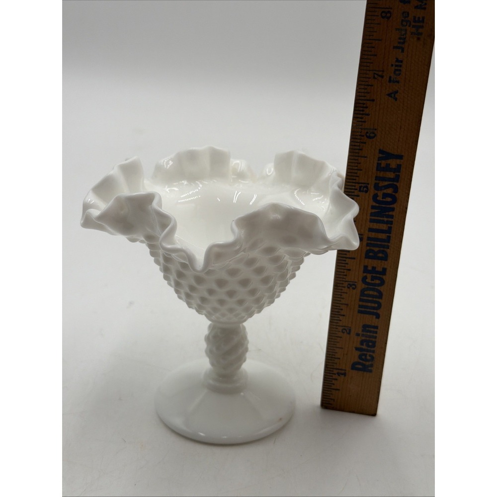FENTON WHITE HOBNAIL MILK GLASS Pedestal Nut Compote Candy Ruffled Dish 5 inches - Picture 5 of 8